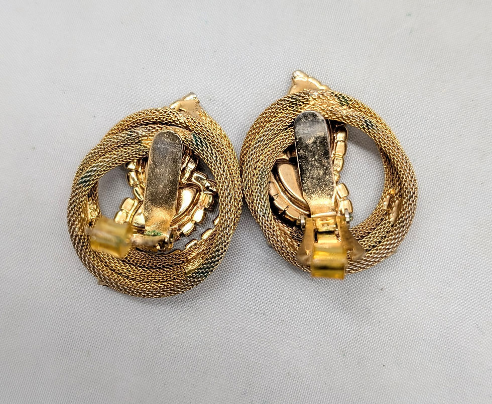 Thumbnail: Vintage 1960s Signed Hobe Goldtone Faux-Onyx & Peridot Clip Earrings