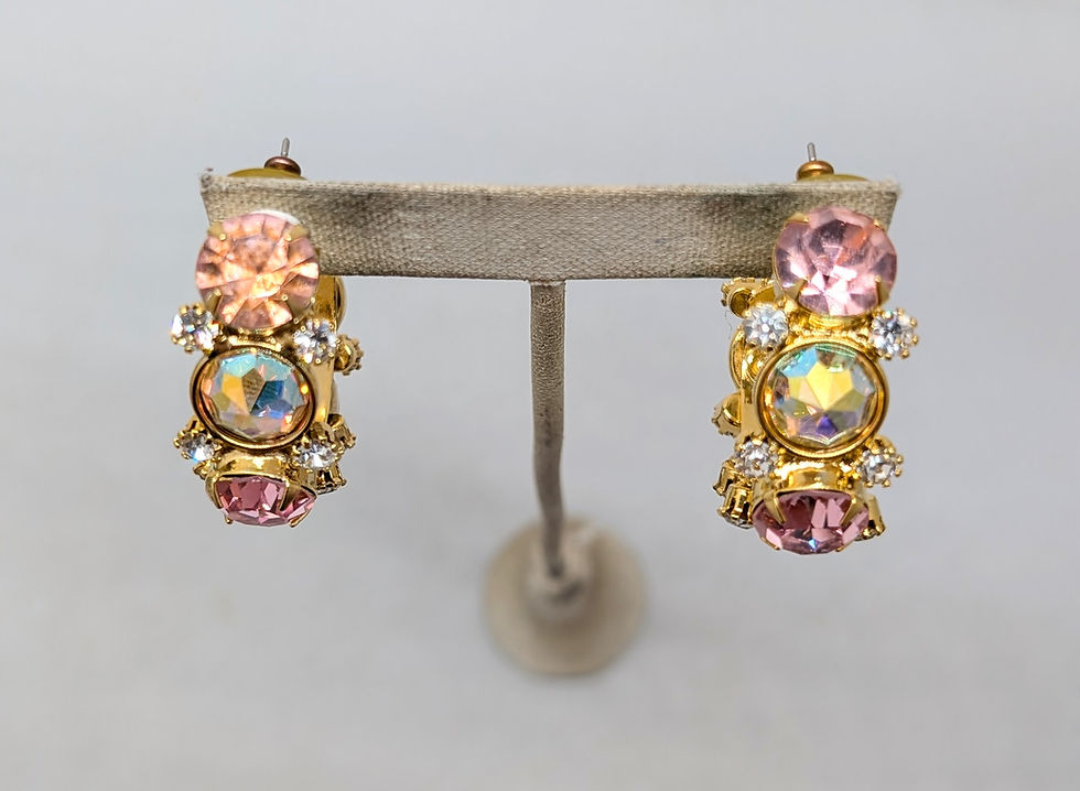 Thumbnail: Vintage Signed Marie Ferra Pink Rhinestone Aurora Borealis Hoop Pierced Earrings