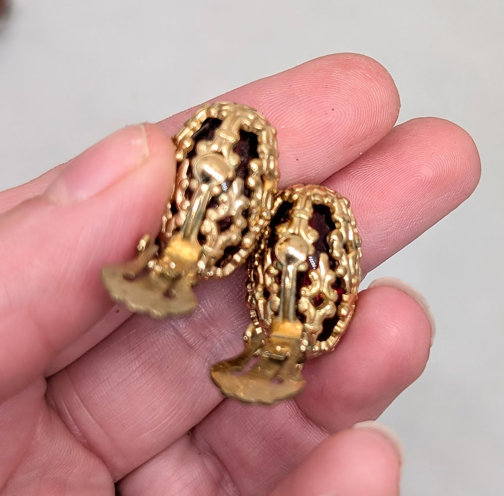 Thumbnail: Vintage 1950s Signed Napier Goldtone Filigree Faux-Garnet Clip Earrings