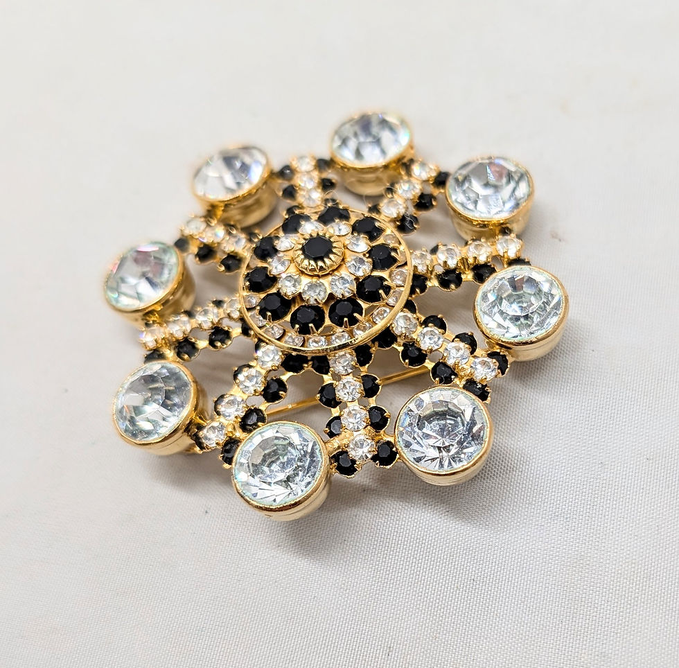 Thumbnail: Vintage 1960s Signed Hobe Goldtone Faux-Onyx & Clear Rhinestone Brooch