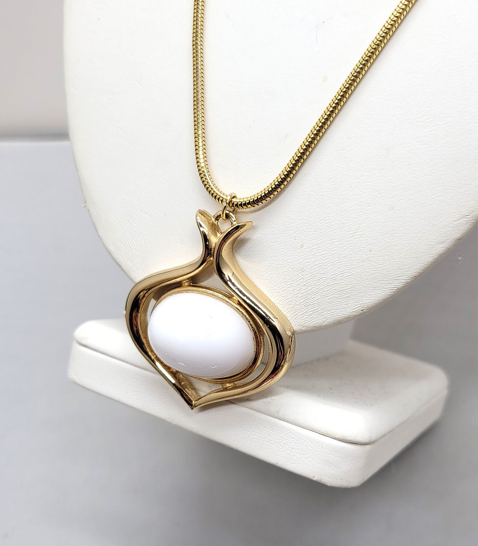Thumbnail: Vintage 1970s Signed Napier Goldtone White Cabochon Pendant Necklace