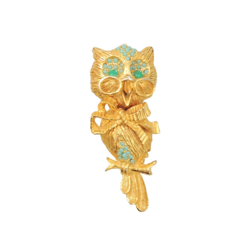 Vintage Signed DeNicola Faux-Turquoise Owl Brooch