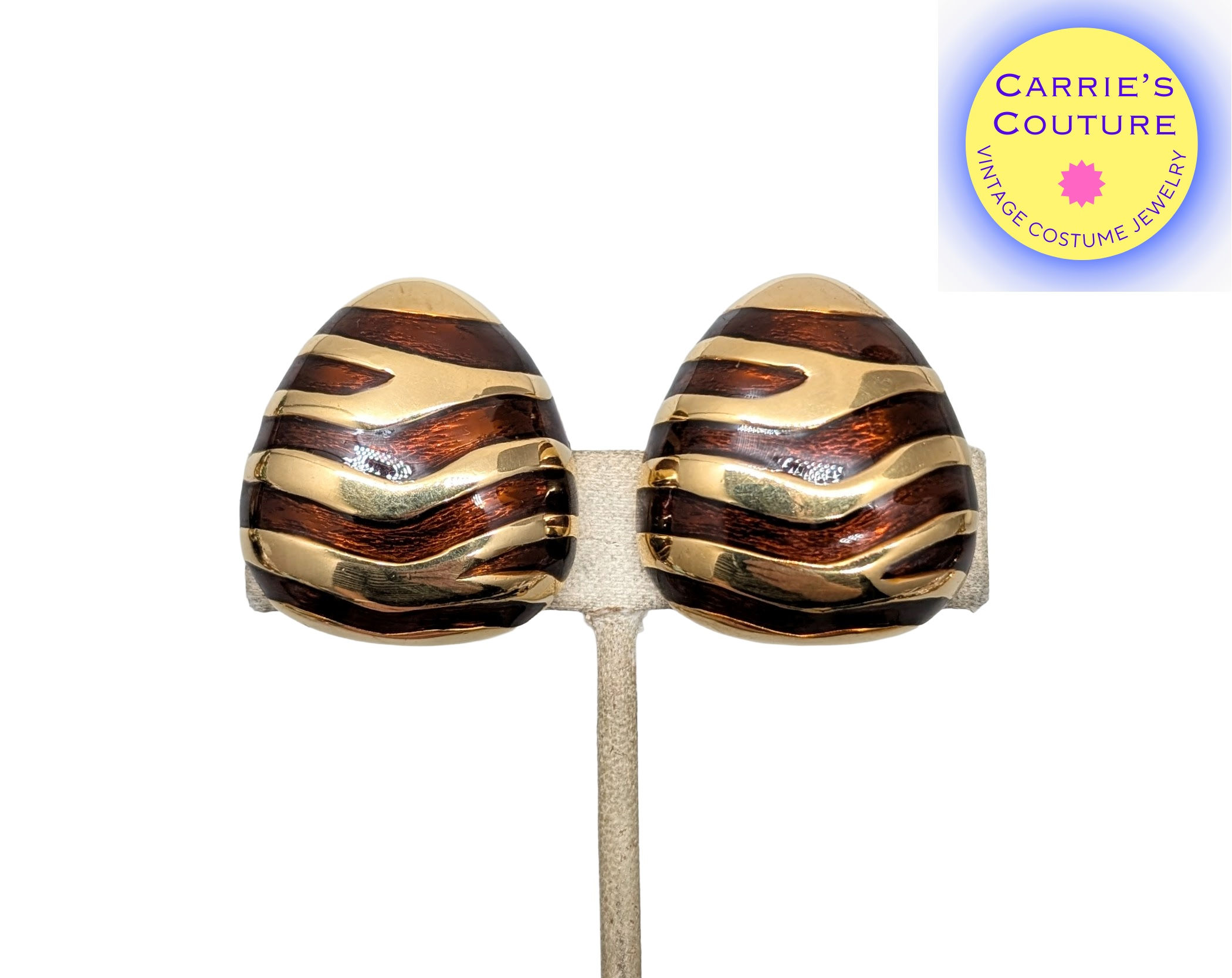 Vintage 1980s Signed Ciner Goldtone Brown Enamel Striped Clip Earrings