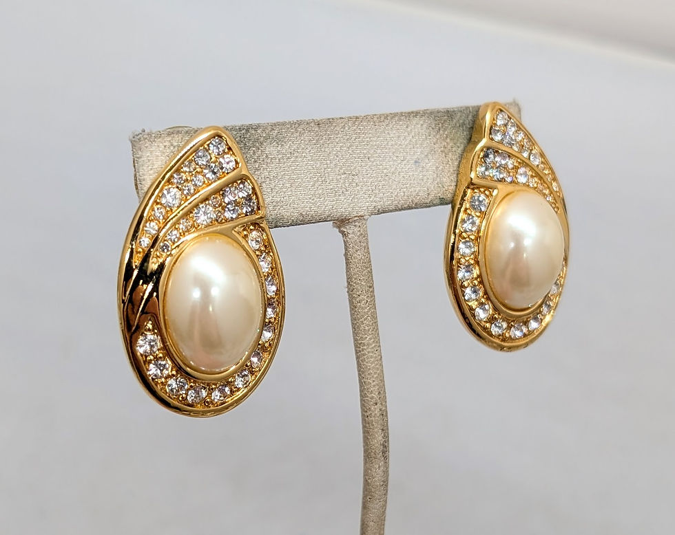 Thumbnail: Vintage 1980s Signed Napier Faux-Pearl & Clear Rhinestone Pierced Earrings