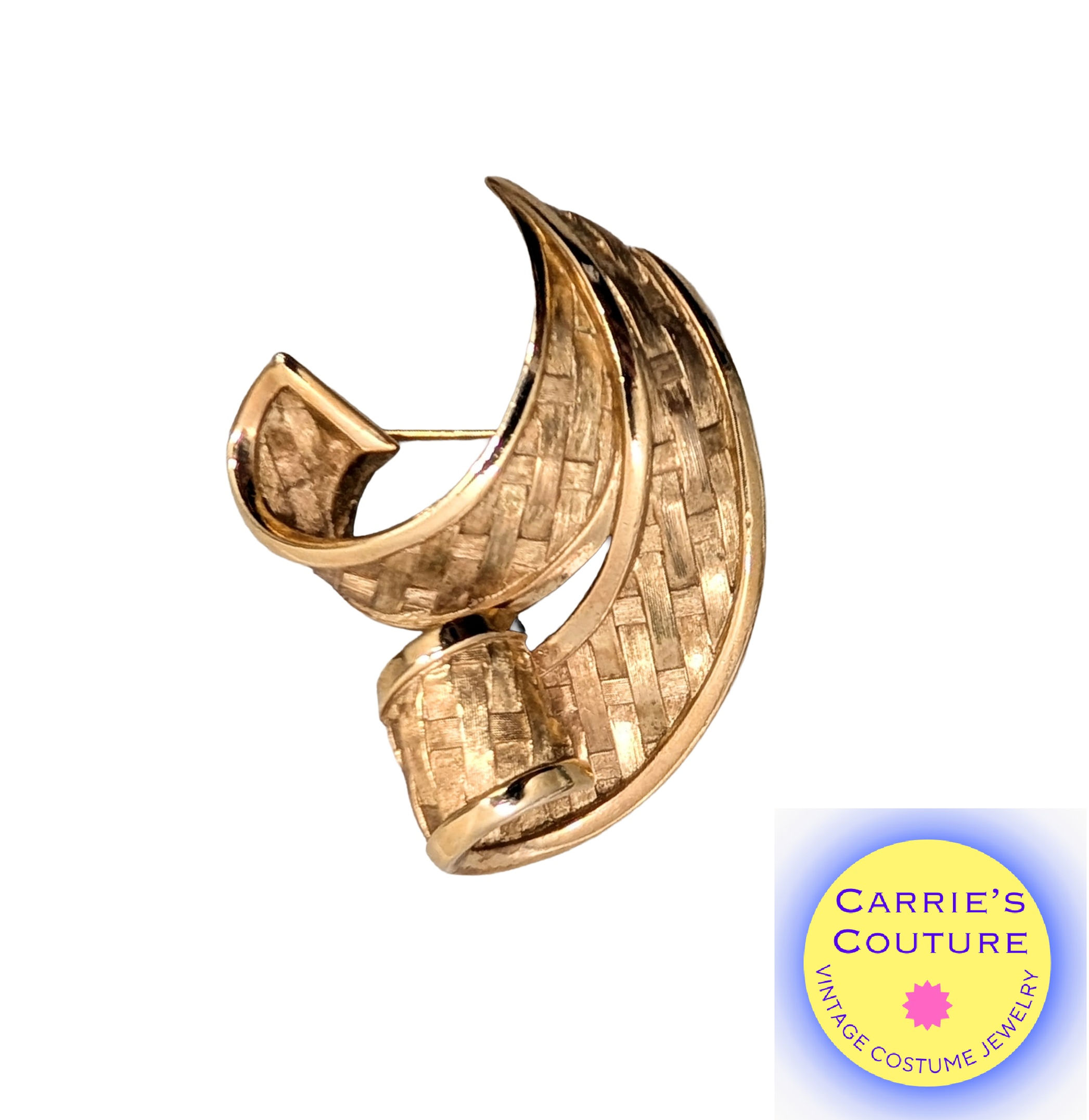 Vintage Signed Crown Trifari Goldtone Woven Ribbon Brooch, 1962