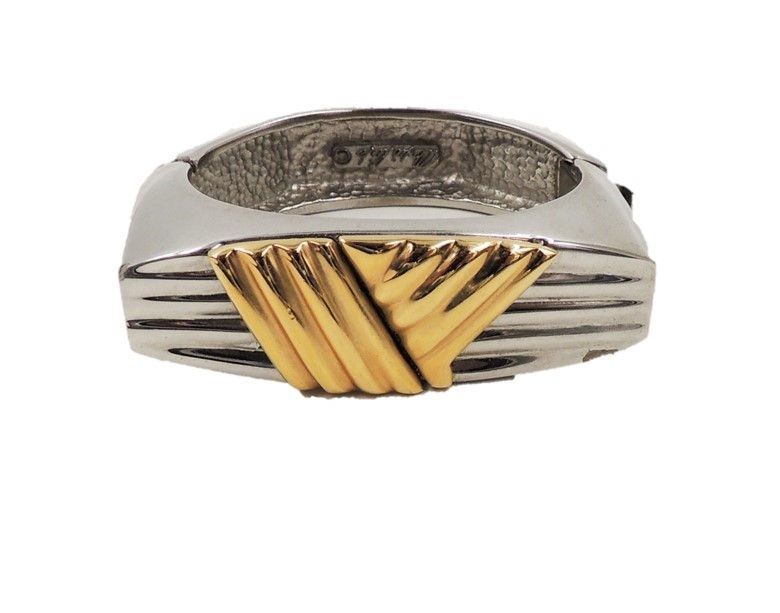 1980s Alexis Kirk Modernist Silvertone Goldtone V Cuff Bracelet