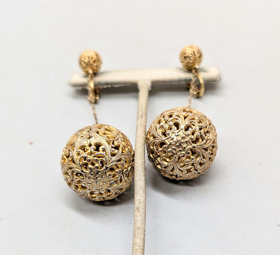 Thumbnail: Vintage Signed Napier Goldtone Filigree Ball Drop Clip Earrings