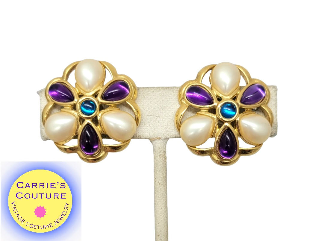 Vintage Signed Trifari Tm Cabochon Faux-Amethyst & Faux-Pearl Clip Earrings