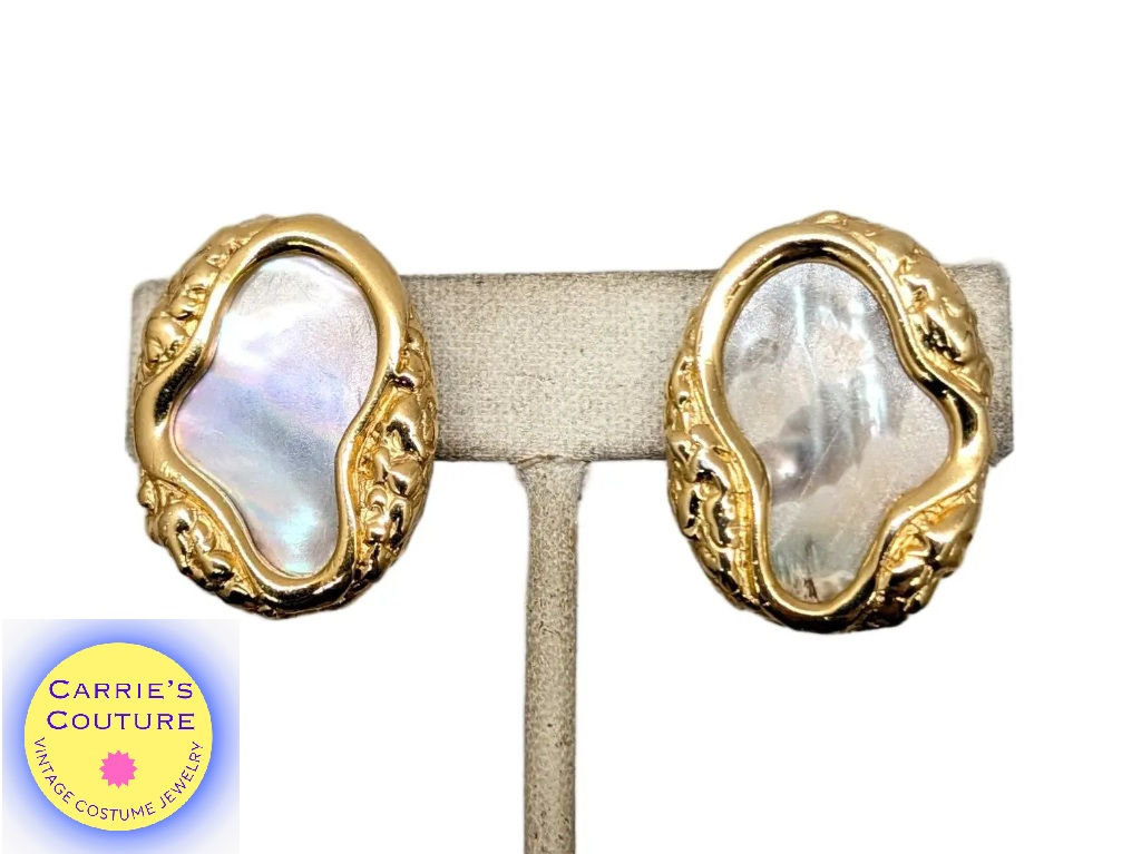 Vintage Signed Napier Modernist Goldtone Mother-of-Pearl Clip Earrings, 1982
