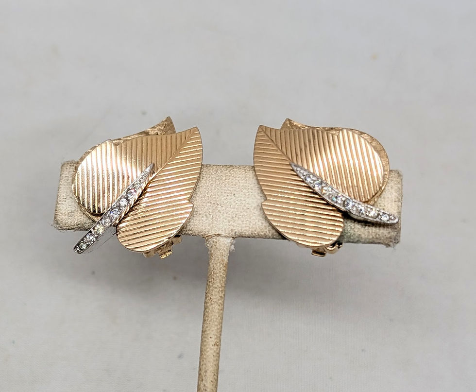 Thumbnail: Vintage Signed Boucher Goldtone Leaves With Clear Rhinestones Clip Earrings