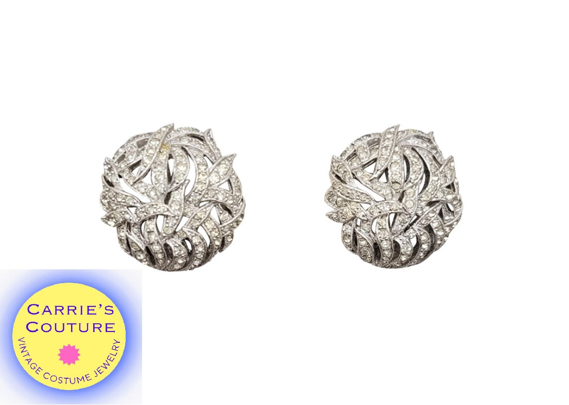 Vintage Signed Panetta Rhodium Plated Clear Rhinestone Clip Earrings