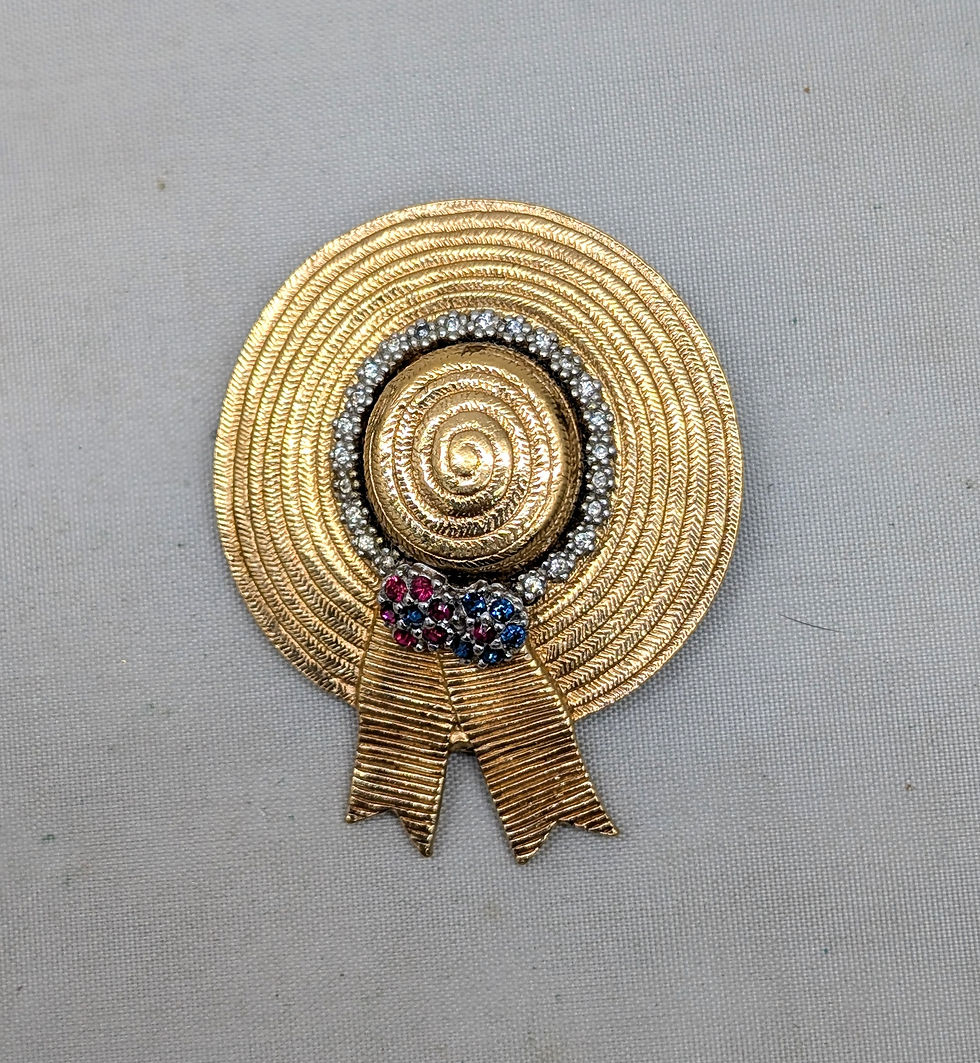Thumbnail: Vintage Signed Ciner Goldtone Faux-Ruby & Sapphire & Clear Rhinestones Hat Pin