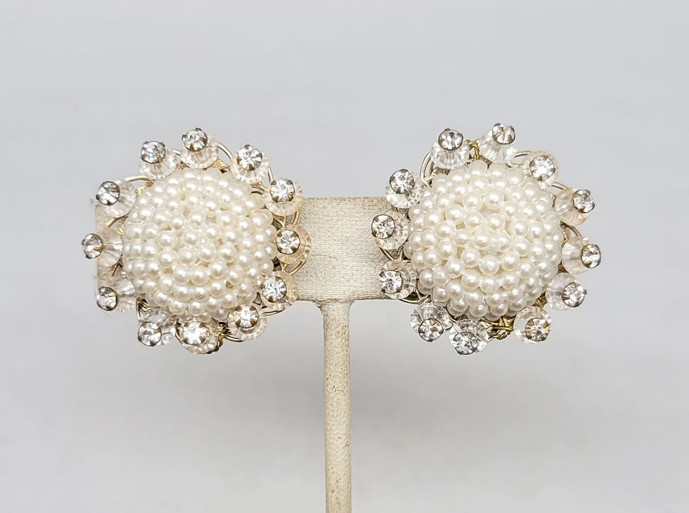 Thumbnail: Vintage Signed Alice Caviness Faux-Pearl & Clear Rhinestone Clip Earrings