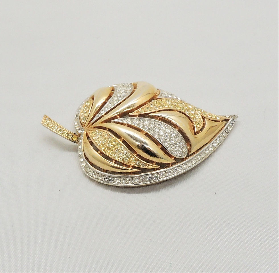 Thumbnail: Vintage 1960s Signed Crown Trifari Pave Leaf Brooch