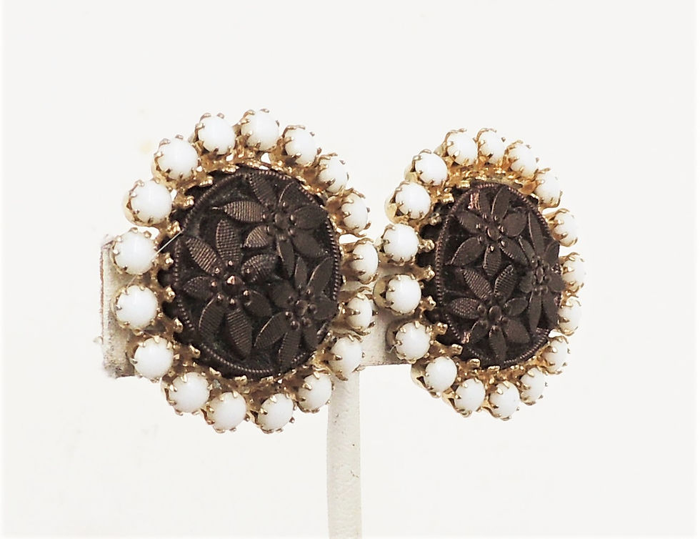 Thumbnail: Vintage 1960s Signed Alice Caviness Faux-Hematite Carved Flower Clip Earrings