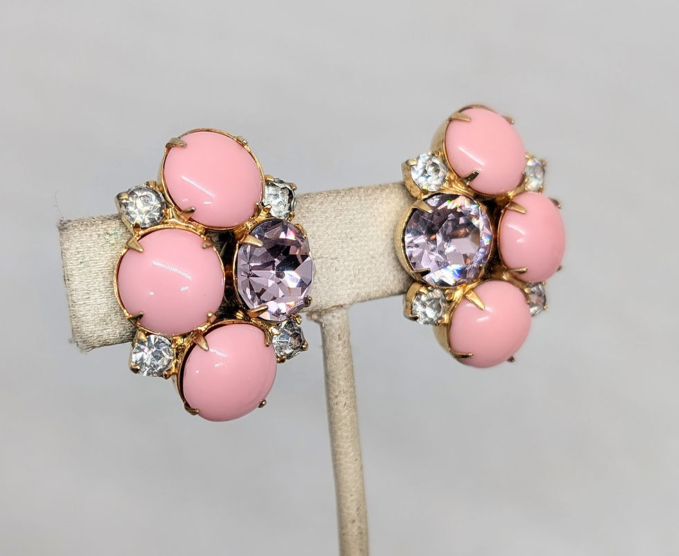 Thumbnail: Vintage Signed Hobe Pink Cabochon & Faux-Amethyst Clip Earrings