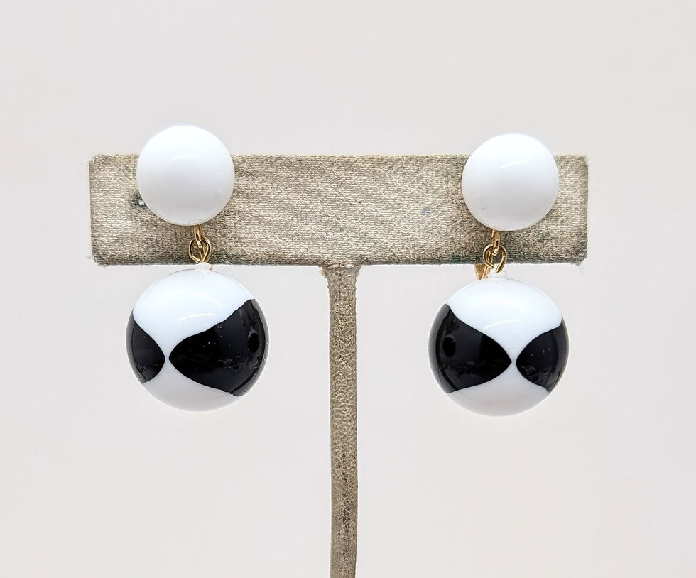 Thumbnail: Vintage Signed Crown Trifari Black & White Resin Dangle Clip Earrings