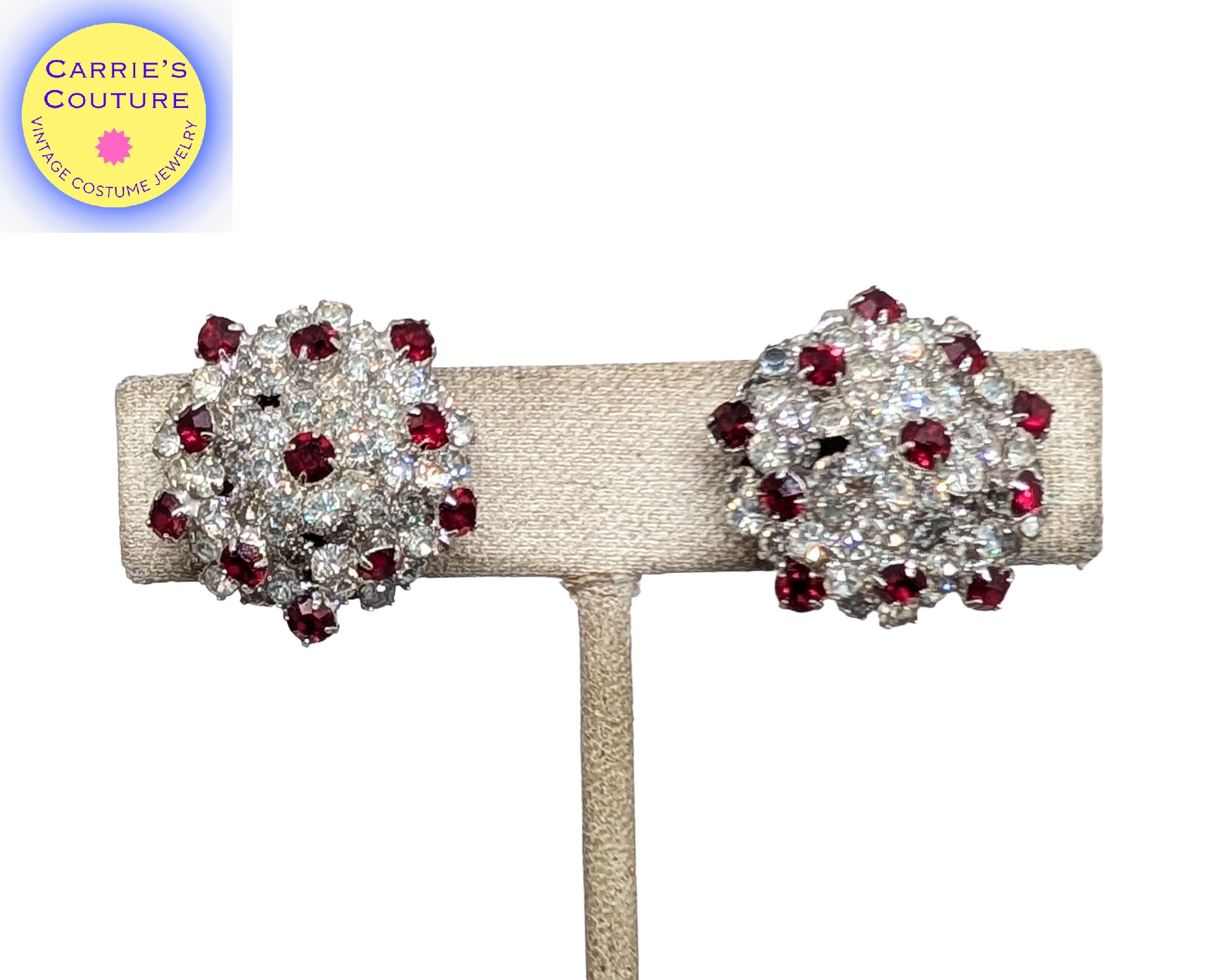 Vintage 1960s Signed Vendome Rhodium Plated Clear & Faux-Garnet Clip Earrings
