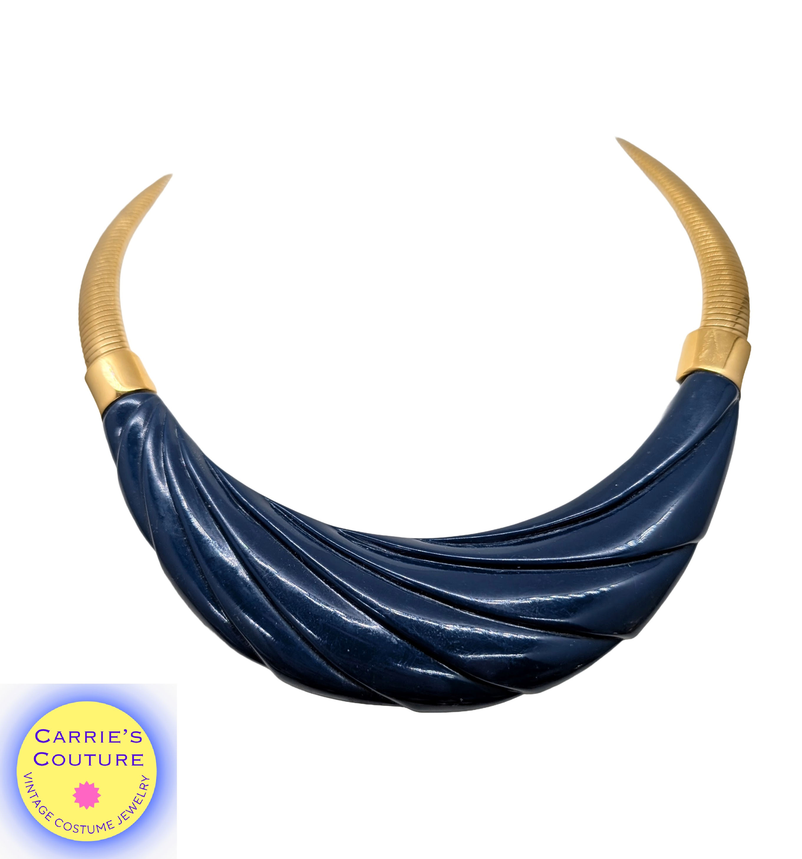 Vintage 1980s Signed Monet Goldtone Navy Blue Resin Molded Collar Necklace
