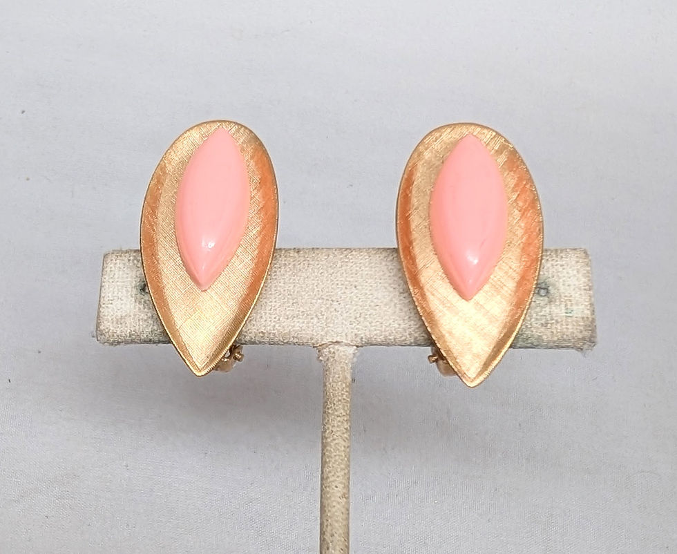 Thumbnail: Vintage 1950s Signed Napier Goldtone Florentine Finish Pink Resin Clip Earrings