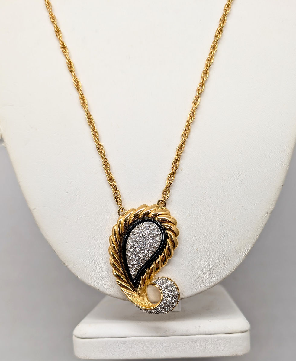 Thumbnail: Vintage Signed Givenchy 1978 Goldtone Paisley Pavé Rhinestone Pendant Necklace