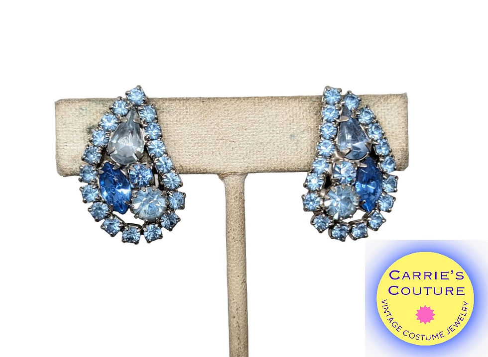 Vintage 1960s Signed Weiss Blue Rhinestone Clip Earrings