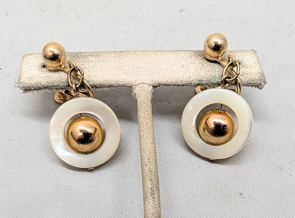 Thumbnail: Vintage Signed Napier Goldtone Mother of Pearl Disc Drop Clip Earrings