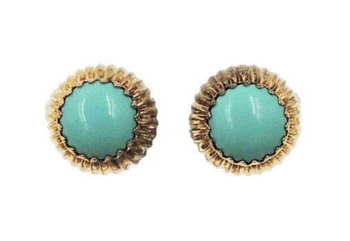 1960s Castlecliff Goldtone Cabochon Faux-Turquoise Domed Clip Earrings