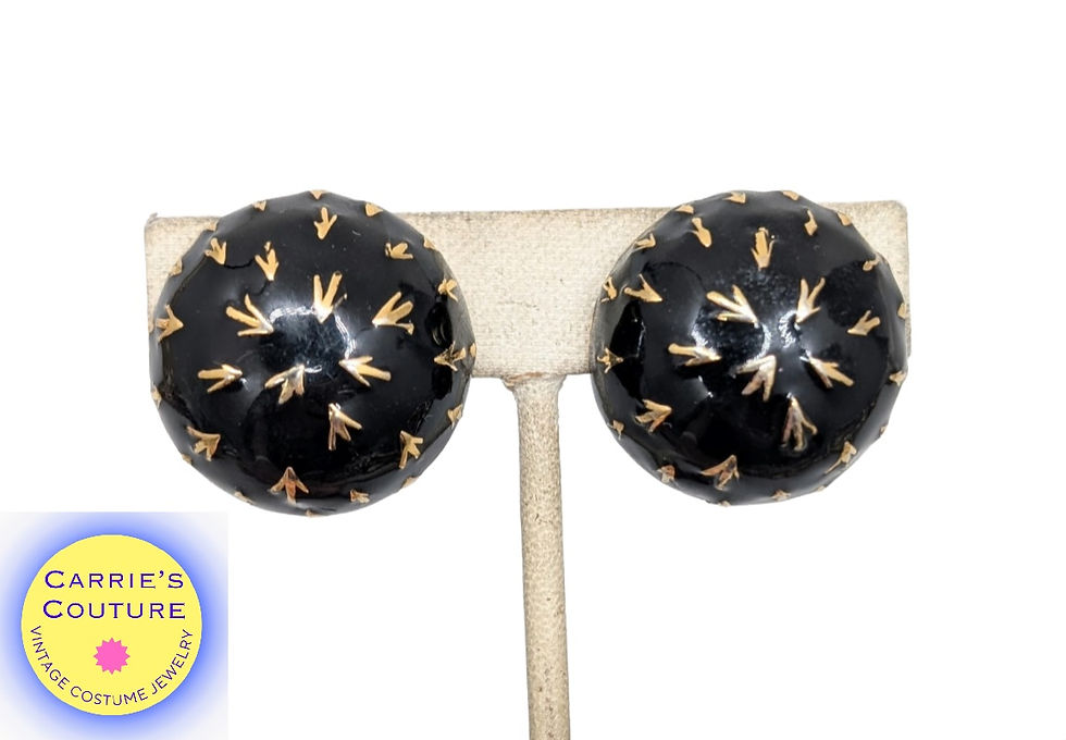 Vintage 1980s Signed Ciner Round Domed Black Enamel Clip Earrings