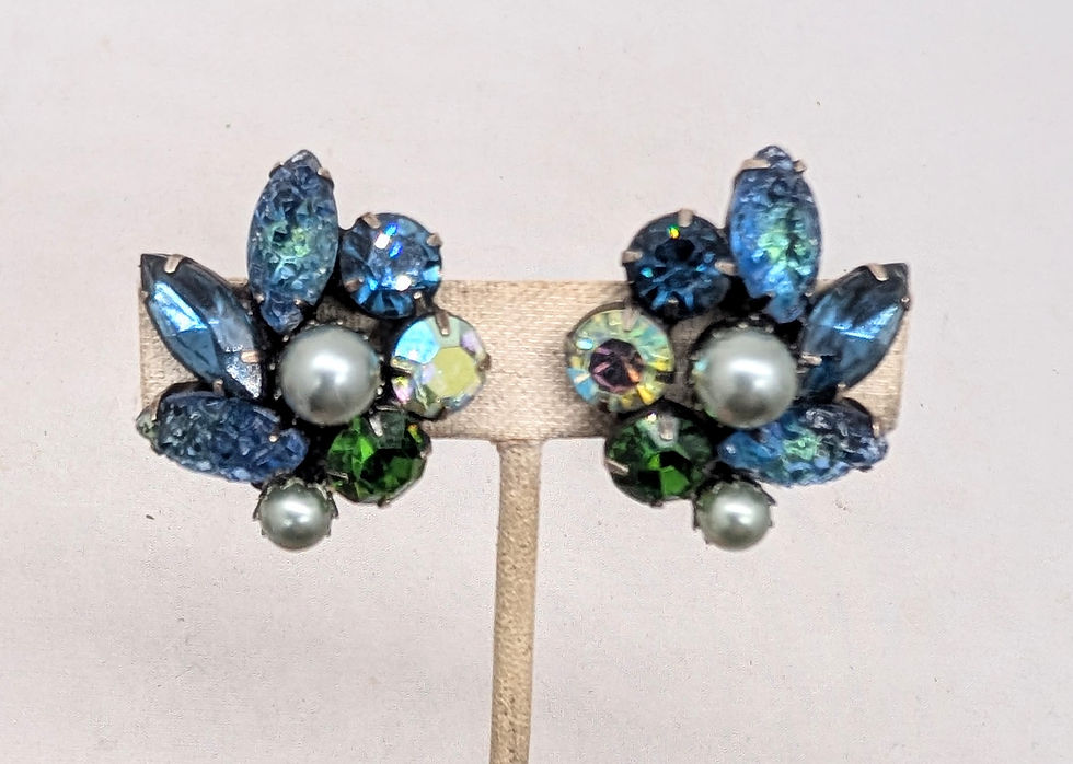 Thumbnail: Vintage Signed Kramer Blue & Green Rhinestone & Grey Faux-Pearl Clip Earrings
