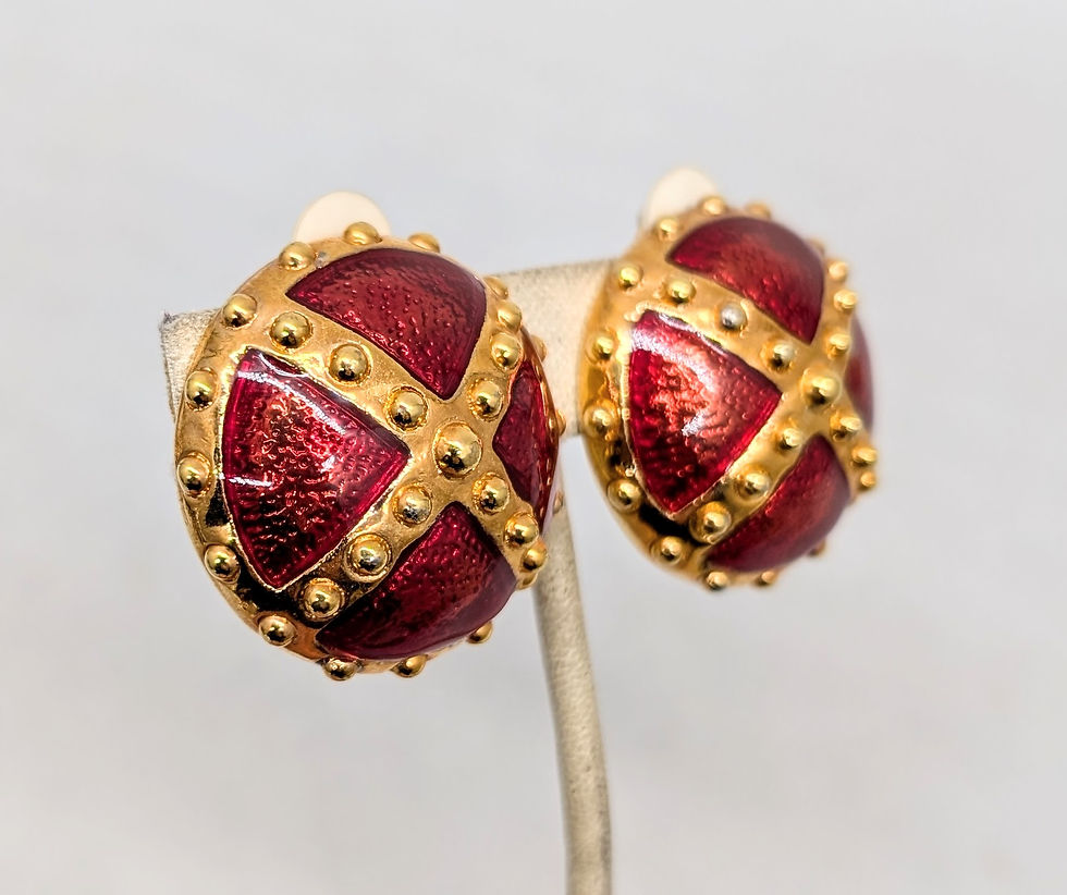 Thumbnail: Vintage 1980s Signed Escada Round Domed Red Enamel Clip Earrings