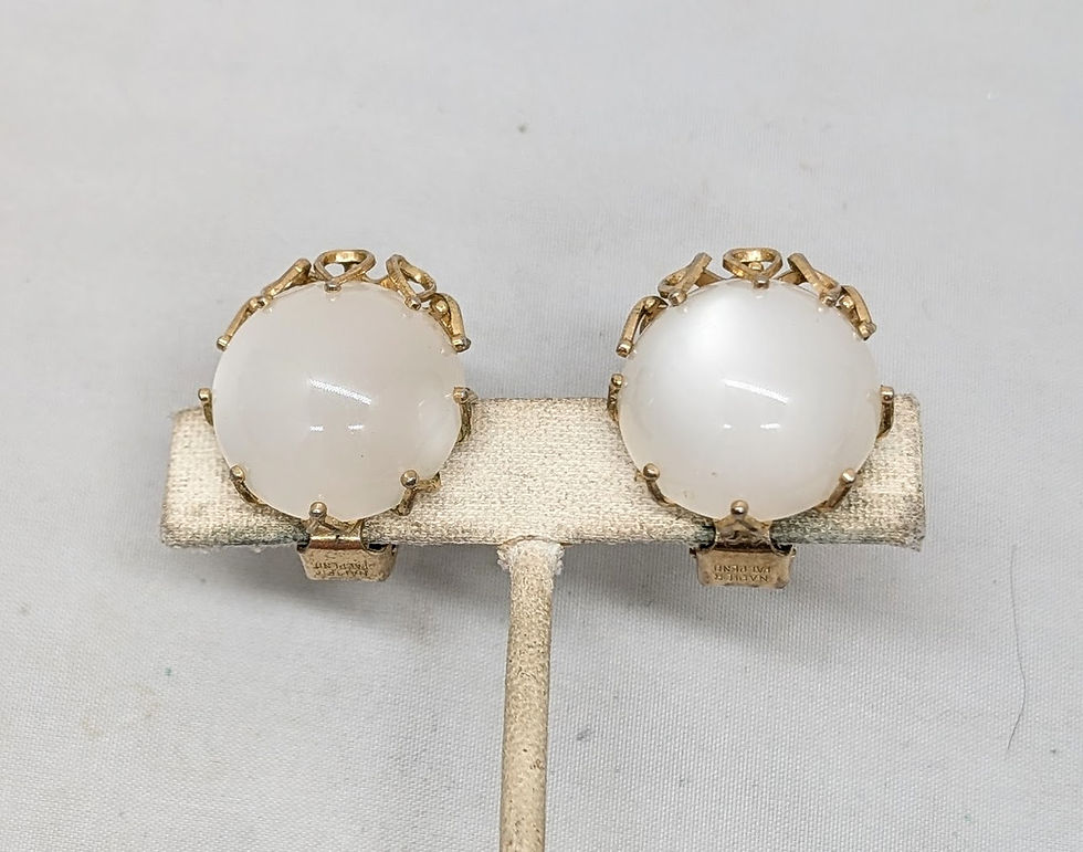 Thumbnail: Vintage 1950s Signed Napier Round Goldtone White Moonglow Clip Earrings