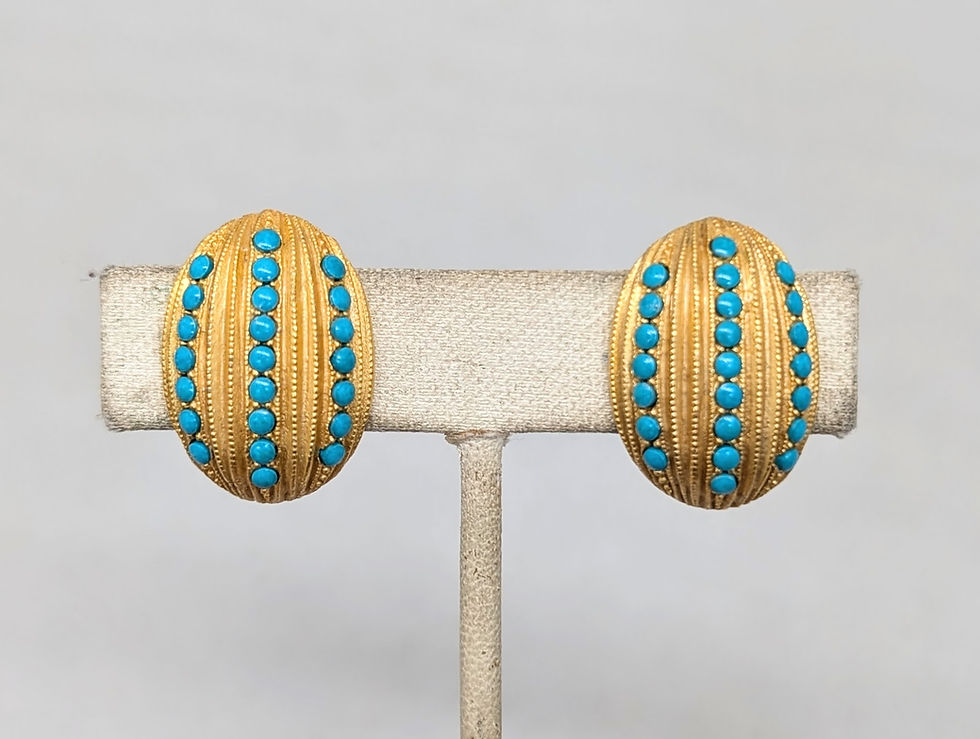 Thumbnail: Vintage Signed Hattie Carnegie Oval Cabochon Faux-Turquoise Clip Earrings