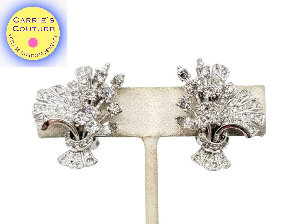 Vintage 1950s Signed Pennino Clear Rhinestone Floral Spray Clip Earrings