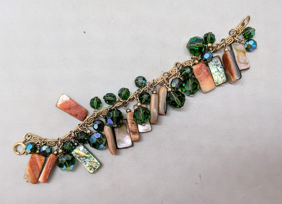 Thumbnail: Vintage Signed Napier Green Bead & Abalone Shell Charm Bracelet, 1980