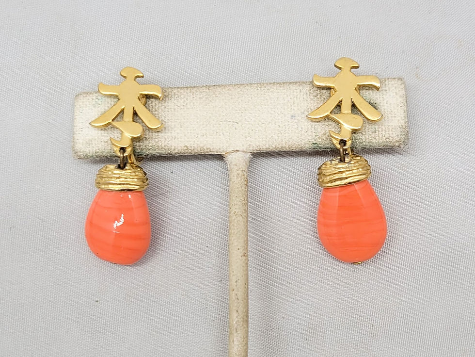 Thumbnail: Vintage 1960s Signed Trifari Asian Style Faux-Coral Drop Clip Earrings
