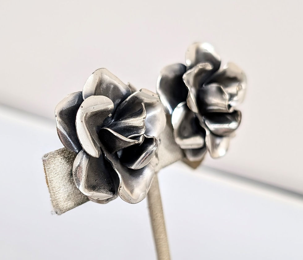 Thumbnail: Vintage 1960s Signed Napier Silvertone 3d Rose Clip Earrings