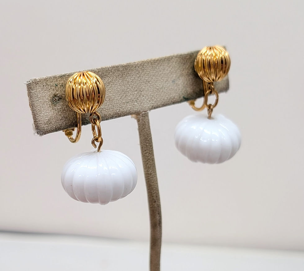 Thumbnail: Vintage 1980s Signed Napier Goldtone White Melon Drop Clip Earrings
