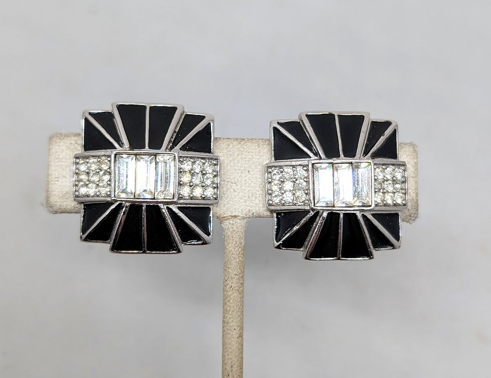 Thumbnail: Vintage 1980s Signed Givenchy Black Enamel & Clear Rhinestone Clip Earrings