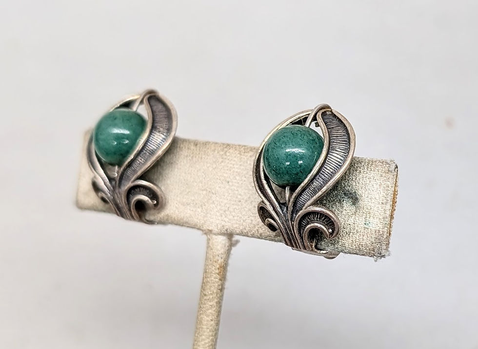 Thumbnail: Vintage Signed Napier Sterling Silver Faux-Jade Clip Earrings