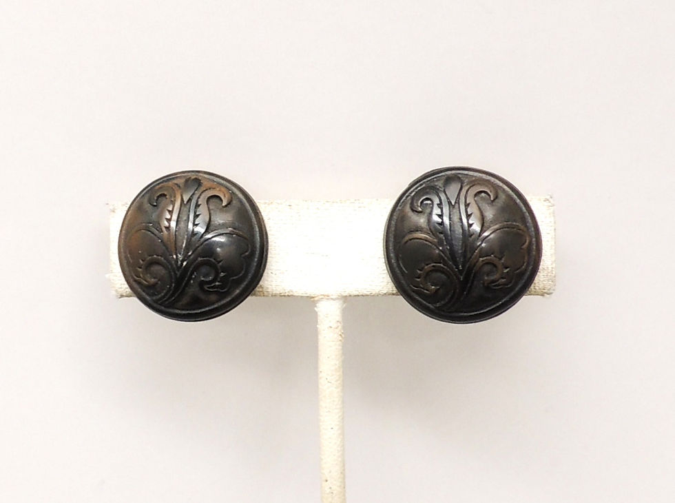 Thumbnail: Vintage 1970s Signed Crown Trifari Round Carved Brown Resin Flower Clip Earrings
