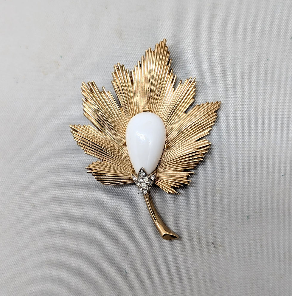 Thumbnail: Vintage 1960s Signed Crown Trifari White Rhinestone Leaf Brooch