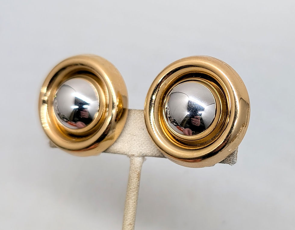 Thumbnail: Vintage Signed Napier Round Goldtone & Rhodium Plated Bullseye Clip Earrings