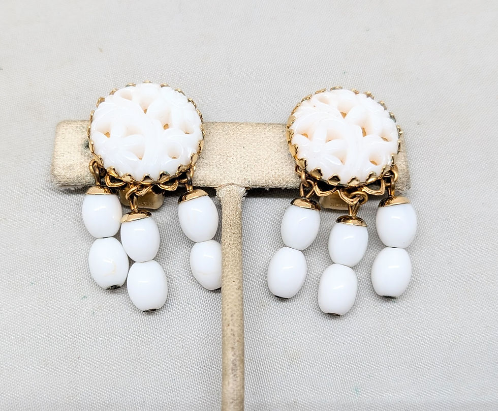 Thumbnail: Vintage Signed Napier Carved White Faux-Jade Top Beaded Dangles Clip Earrings