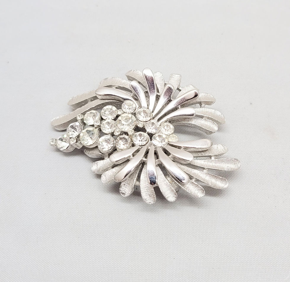 Thumbnail: Vintage Signed Crown Trifari Rhodium Plated Clear Rhinestone Brooch