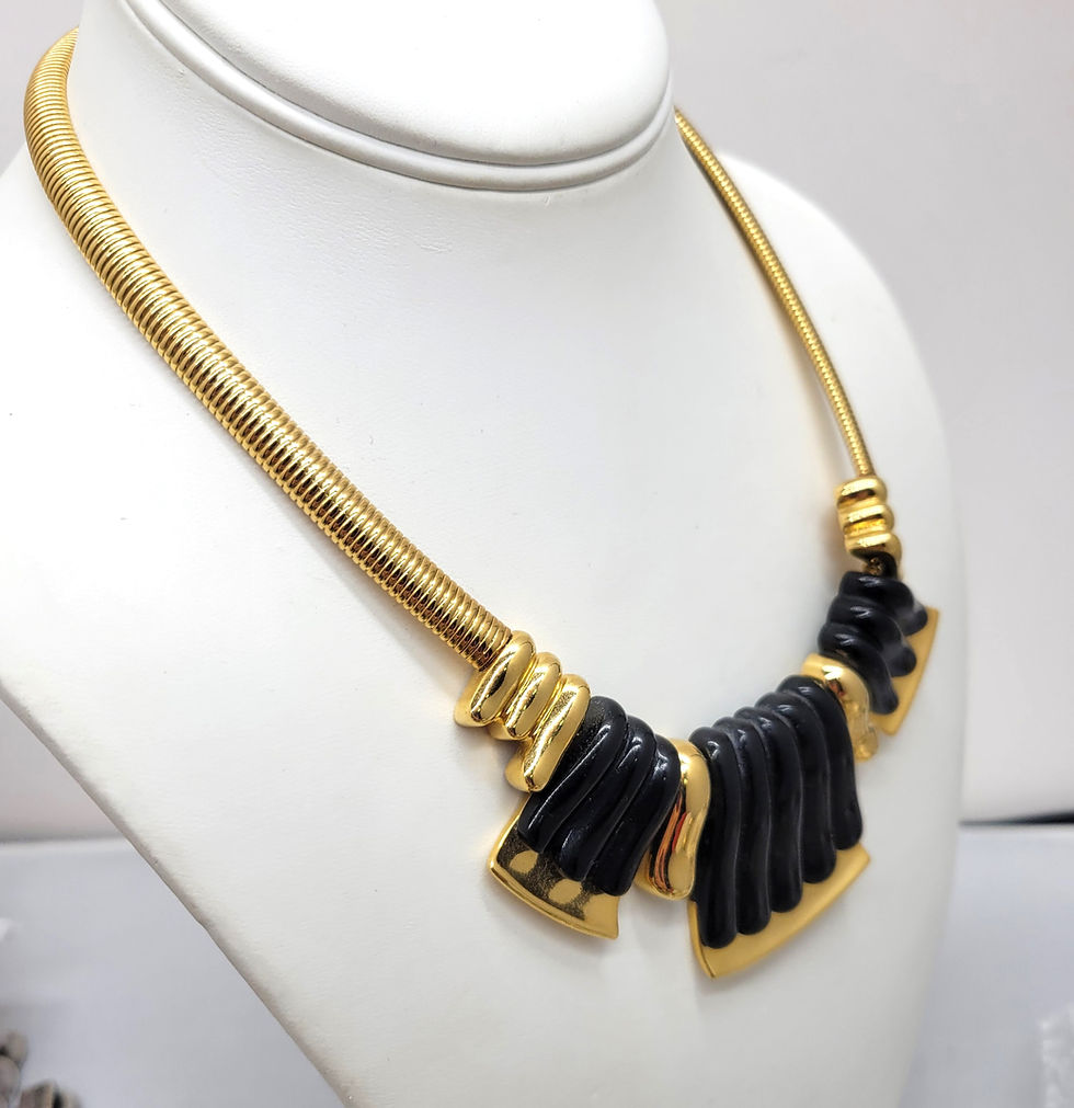 Thumbnail: Vintage Signed Napier Goldtone & Black Resin Bib Necklace, 1985 Ad Piece