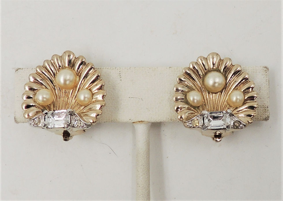 Thumbnail: Vintage 1950s Jomaz Goldtone Faux-Pearl & Clear Rhinestone Shell Clip Earrings