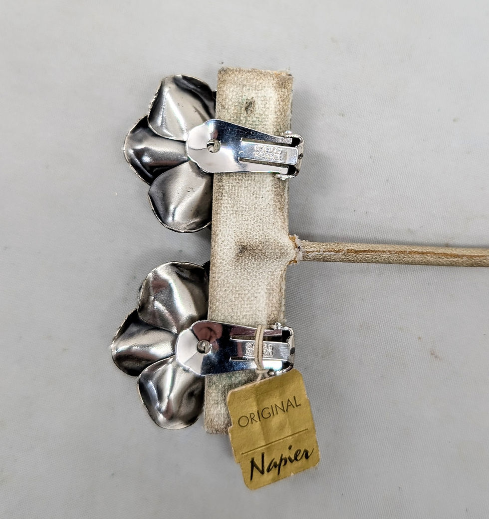 Thumbnail: Vintage 1960s Signed Napier Silvertone 3d Rose Clip Earrings