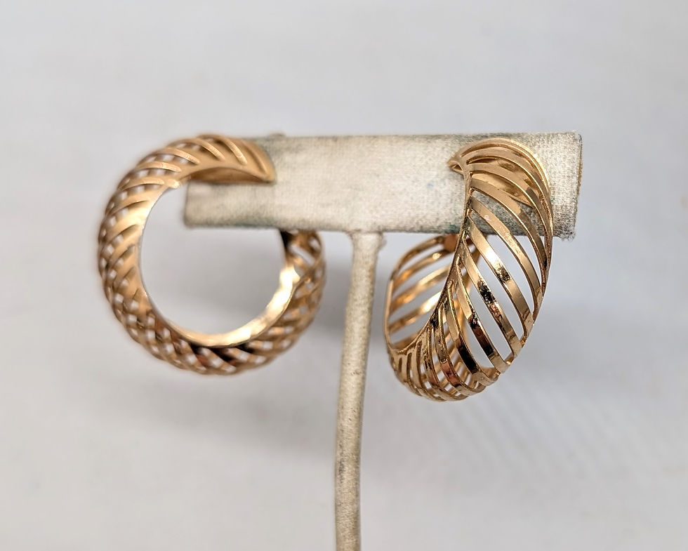 Thumbnail: Vintage 1968 Signed Napier Goldtone Slatted Hoop Clip Earrings, Vogue Ad Piece