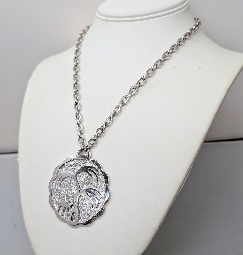 Thumbnail: Vintage Signed Crown Trifari Rhodium Plated Asian Scene Pendant Necklace, 1972